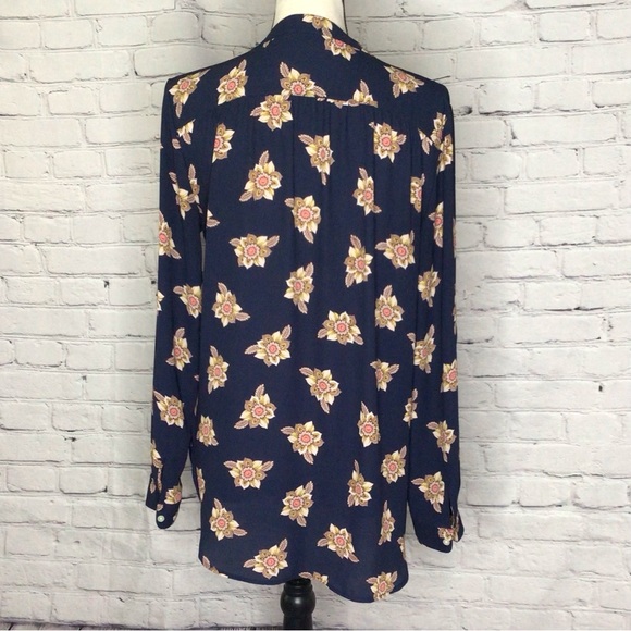 LOFT Navy Faraway Floral Split Neck Tunic Long Sleeve Roll Tab Pullover Small - Picture 9 of 16